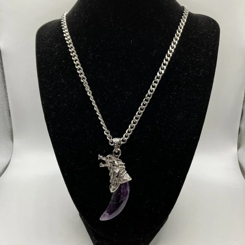 Amethyst Gemstone Tusk AND CHAIN Men's Chunky 20-inch Stainless Steel Chain